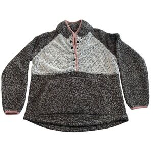 Simply Southern Fleece Pullover Women Large Gray Leopard Print Sherpa Snap Neck